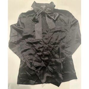 Chanel Womens Black Silk Bow Tie Collar Blouse Size 34